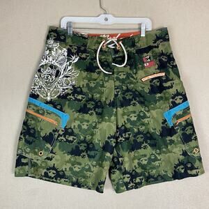 Live Mechanics Board Short Mens 36 Green Camo Lion Print Cargo‎ Drawstring Waist